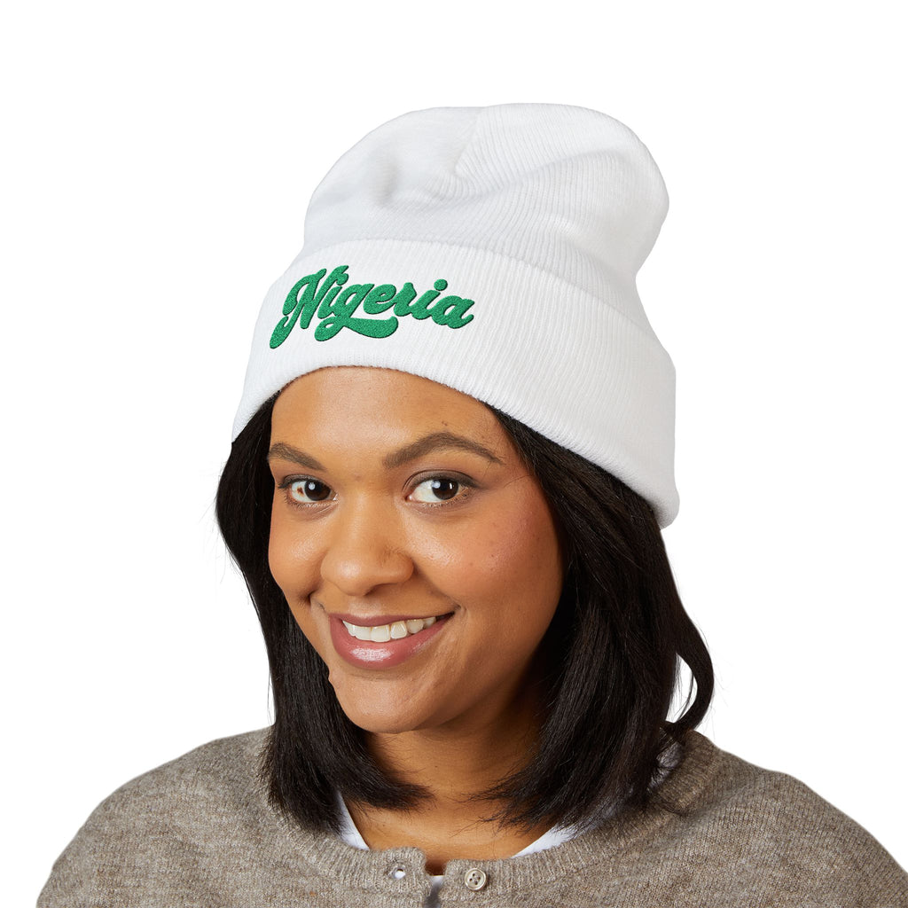 Nigeria Green Script Embroidered Beanie