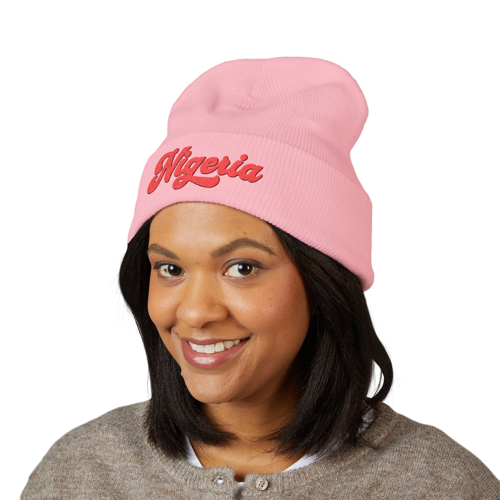 Nigeria Red Script Embroidered Beanie