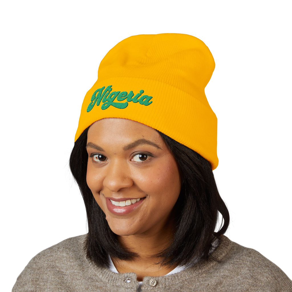 Nigeria Green Script Embroidered Beanie
