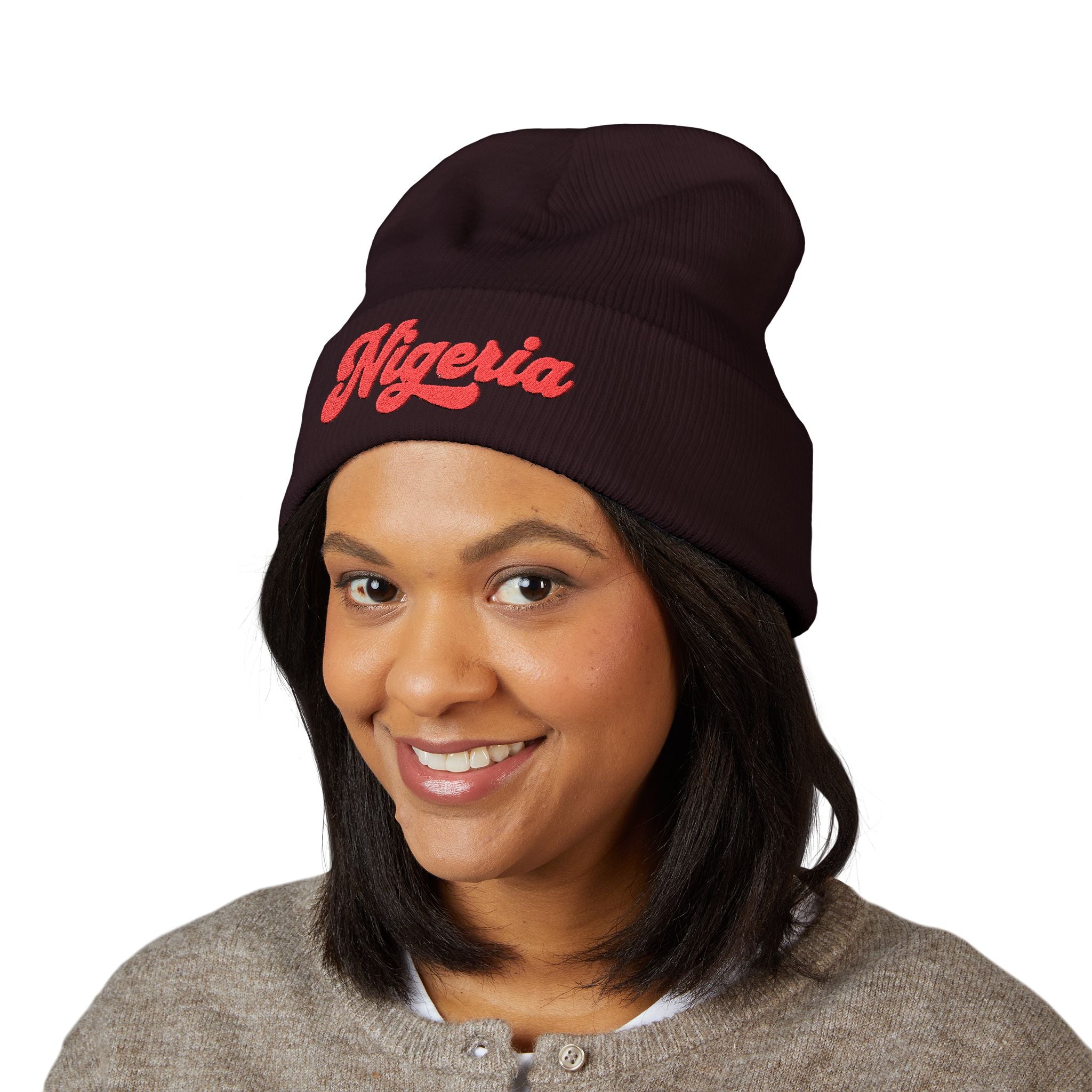 Nigeria Red Script Embroidered Beanie