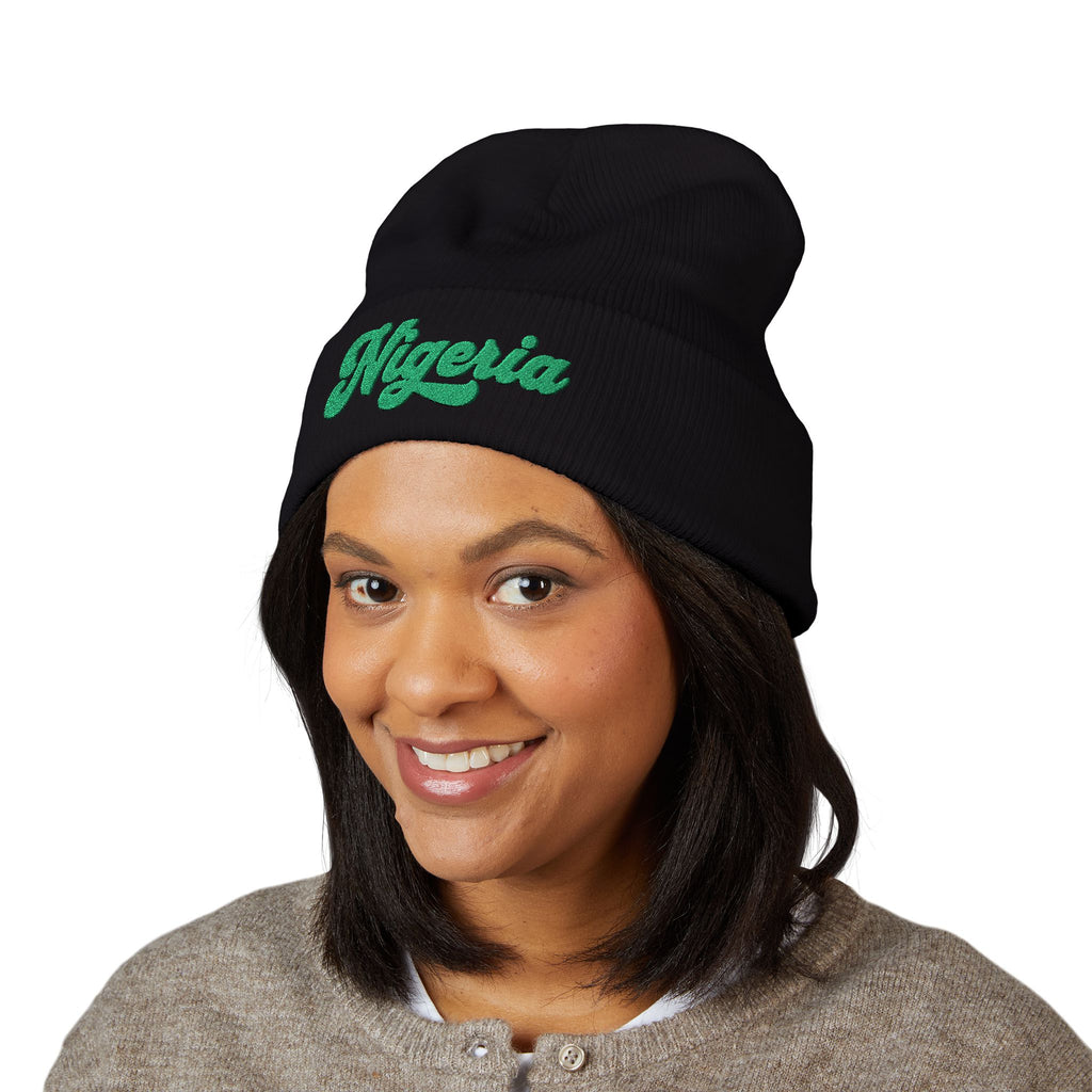 Nigeria Green Script Embroidered Beanie