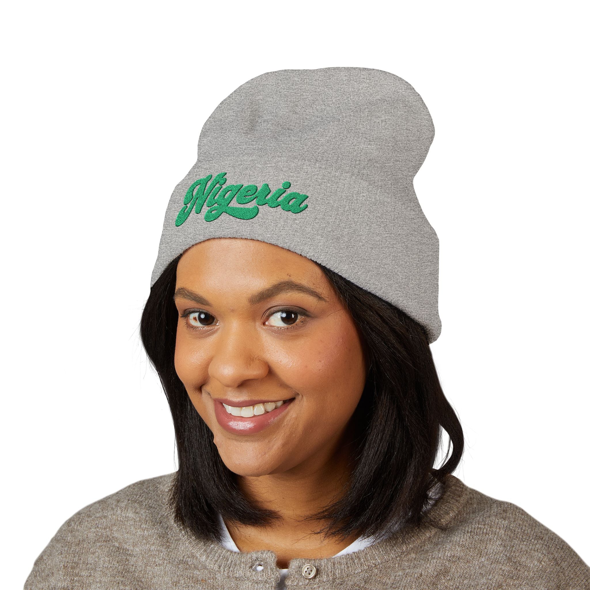 Nigeria Green Script Embroidered Beanie