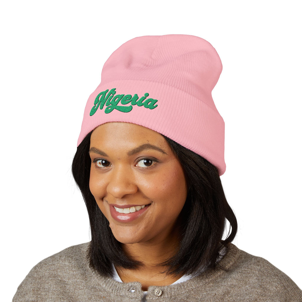 Nigeria Green Script Embroidered Beanie