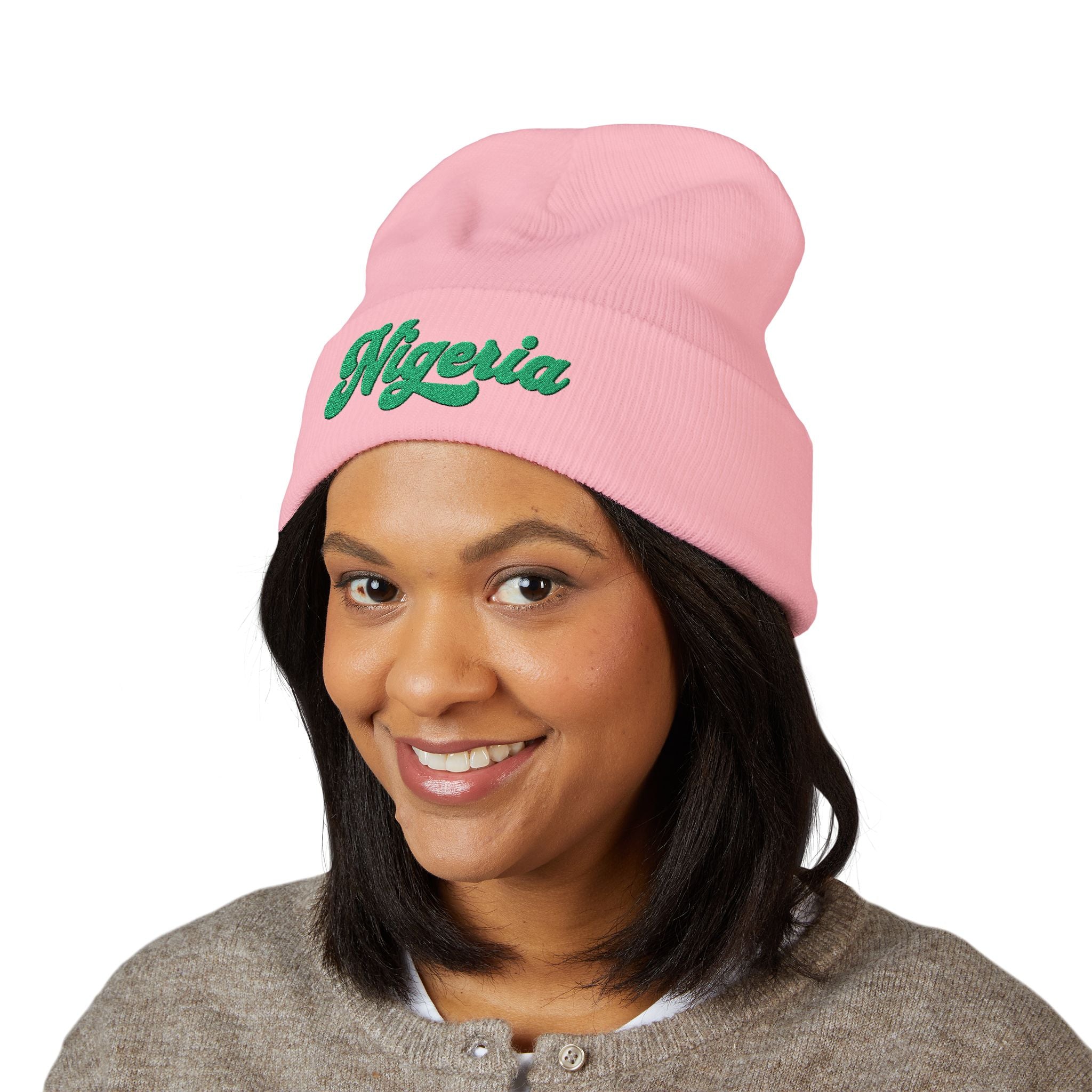 Nigeria Green Script Embroidered Beanie