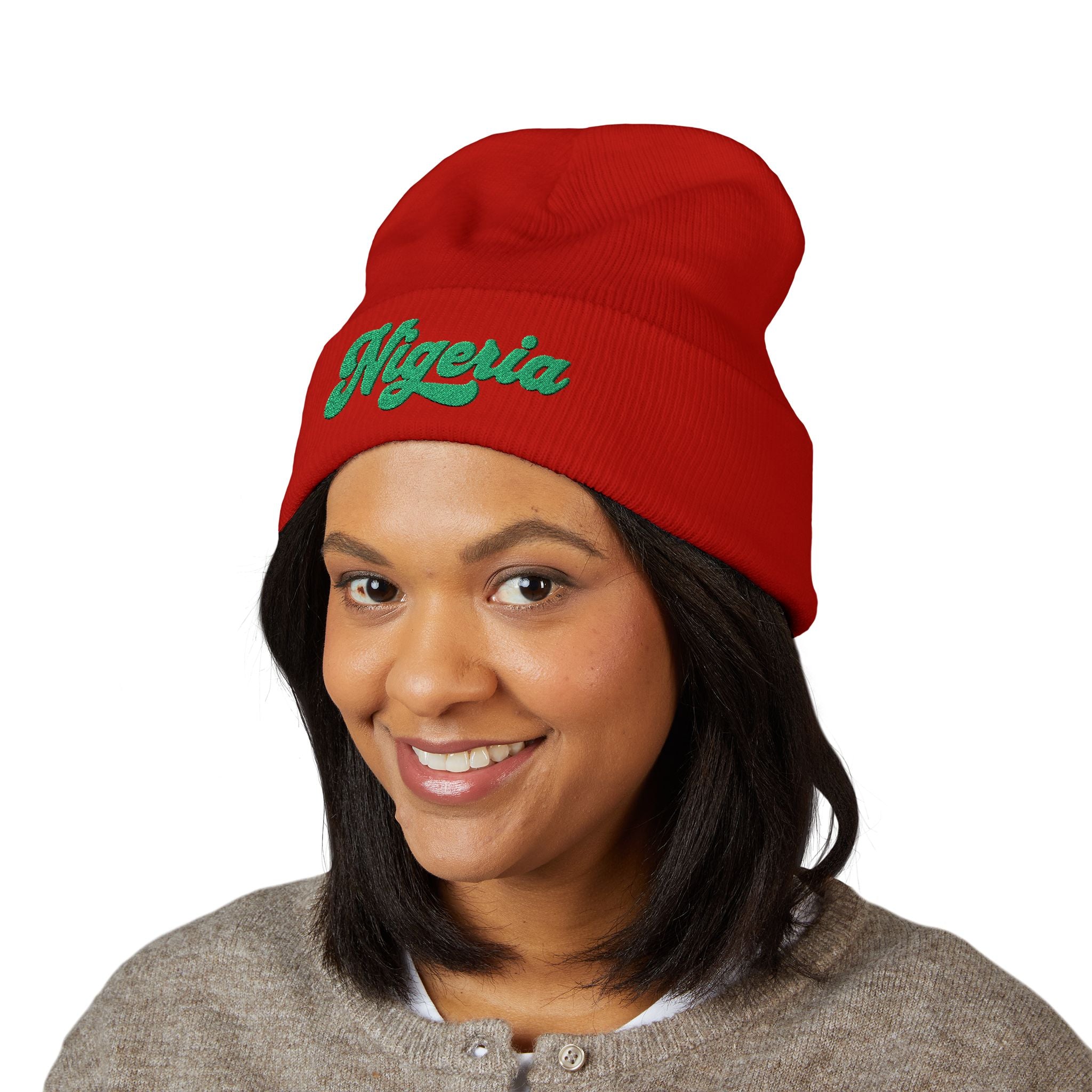 Nigeria Green Script Embroidered Beanie