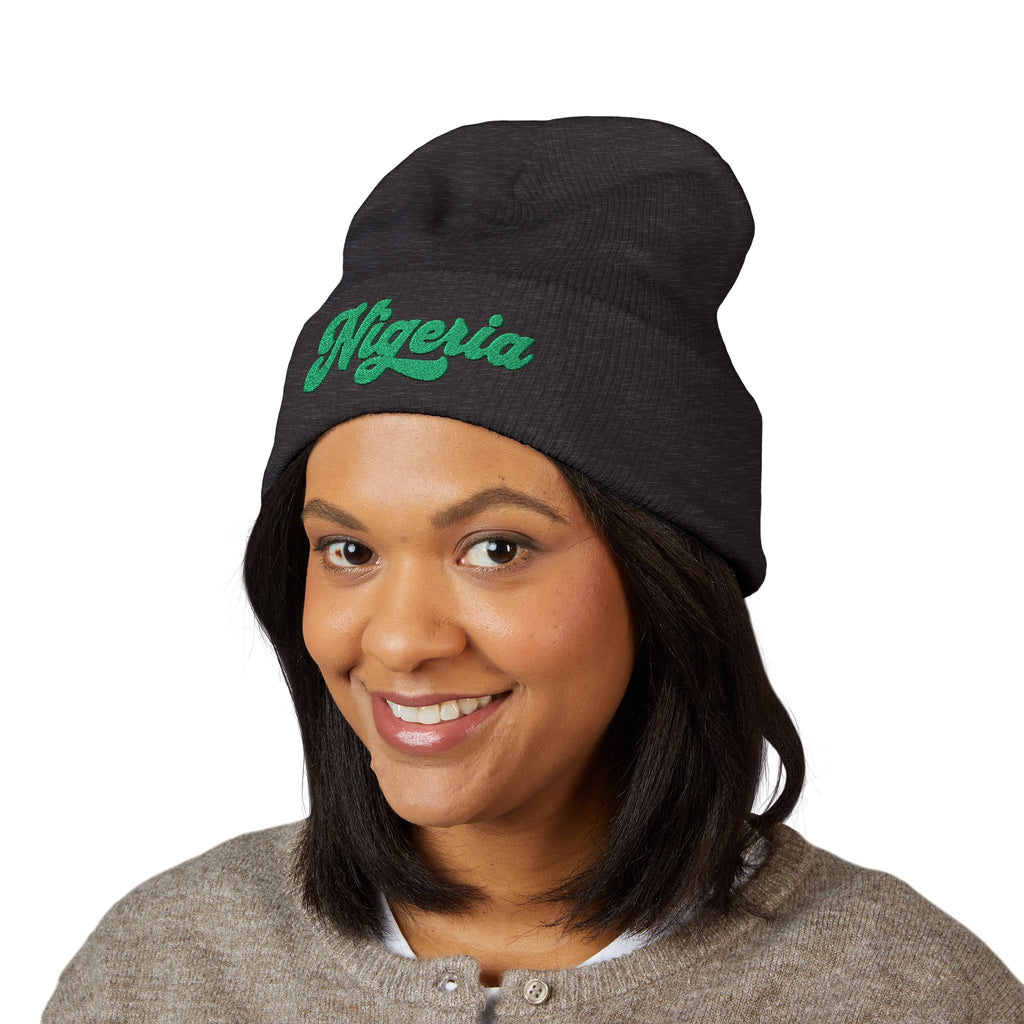 Nigeria Green Script Embroidered Beanie